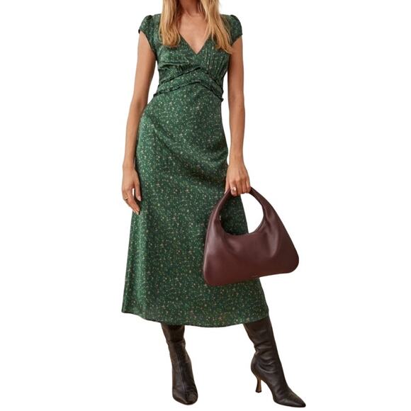 Reformation Dresses & Skirts - NWT Reformation Kaye Silk Dress Maxi Coriander Fairy Green Floral Sz 22 Babydoll